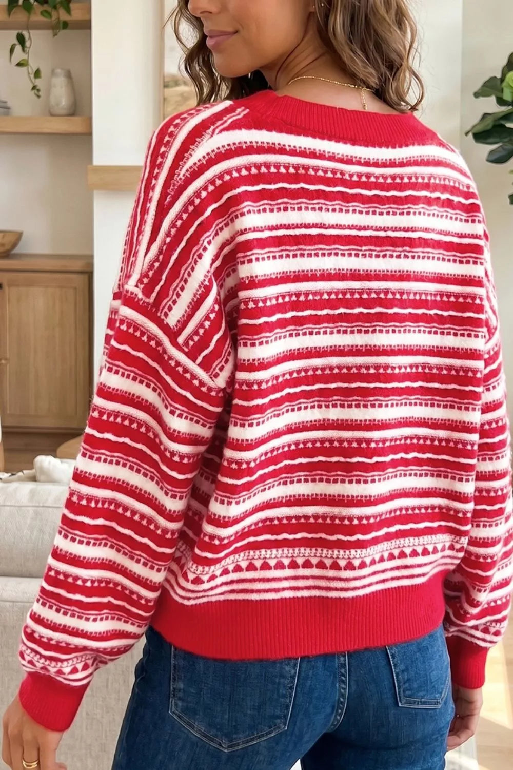 Geometric Striped Pattern V Neck Button Front Casual Knit Cardigan
