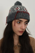 Geometric Fair Isle Knit Beanie with Seam Trim and Pompom