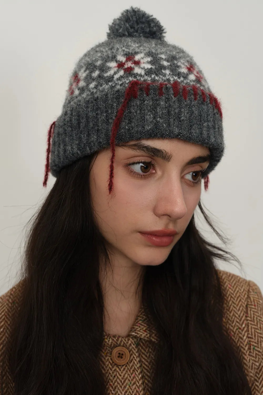 Geometric Fair Isle Knit Beanie with Seam Trim and Pompom