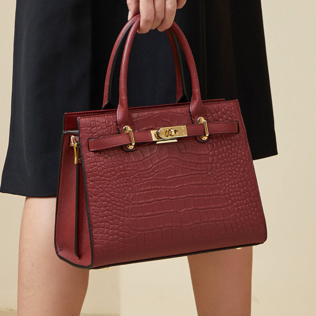 Crocodile-Embossed Leather Top Handle Handbag
