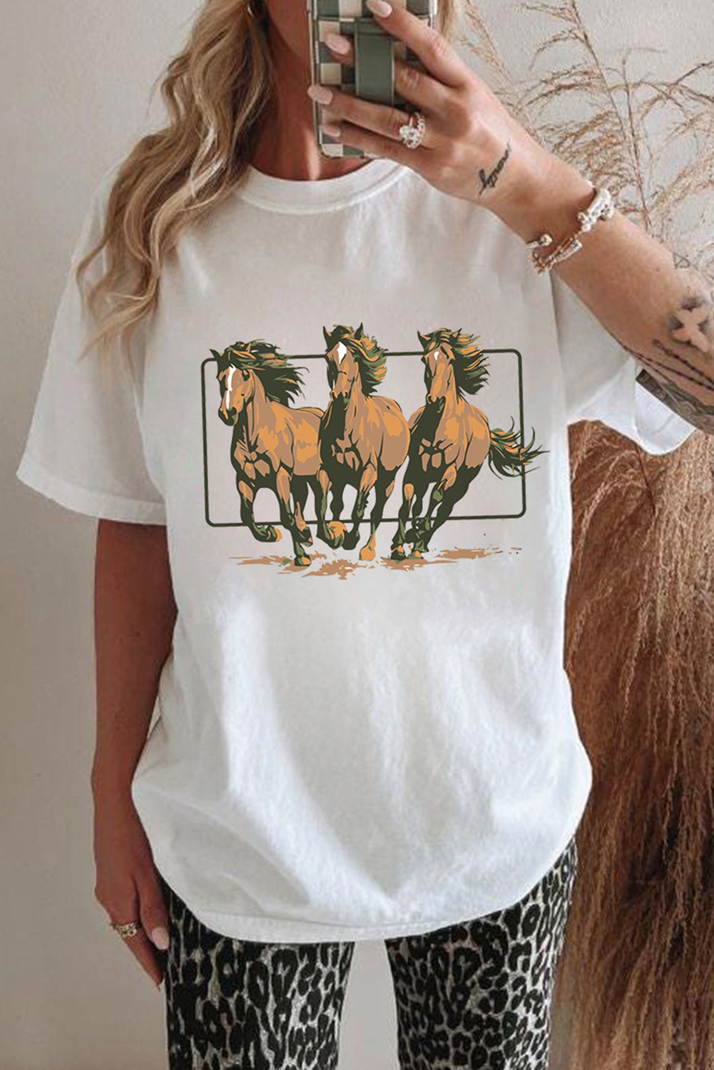 White Texas Horse Graphic Cuffed Sleeve Graphic T Shirt