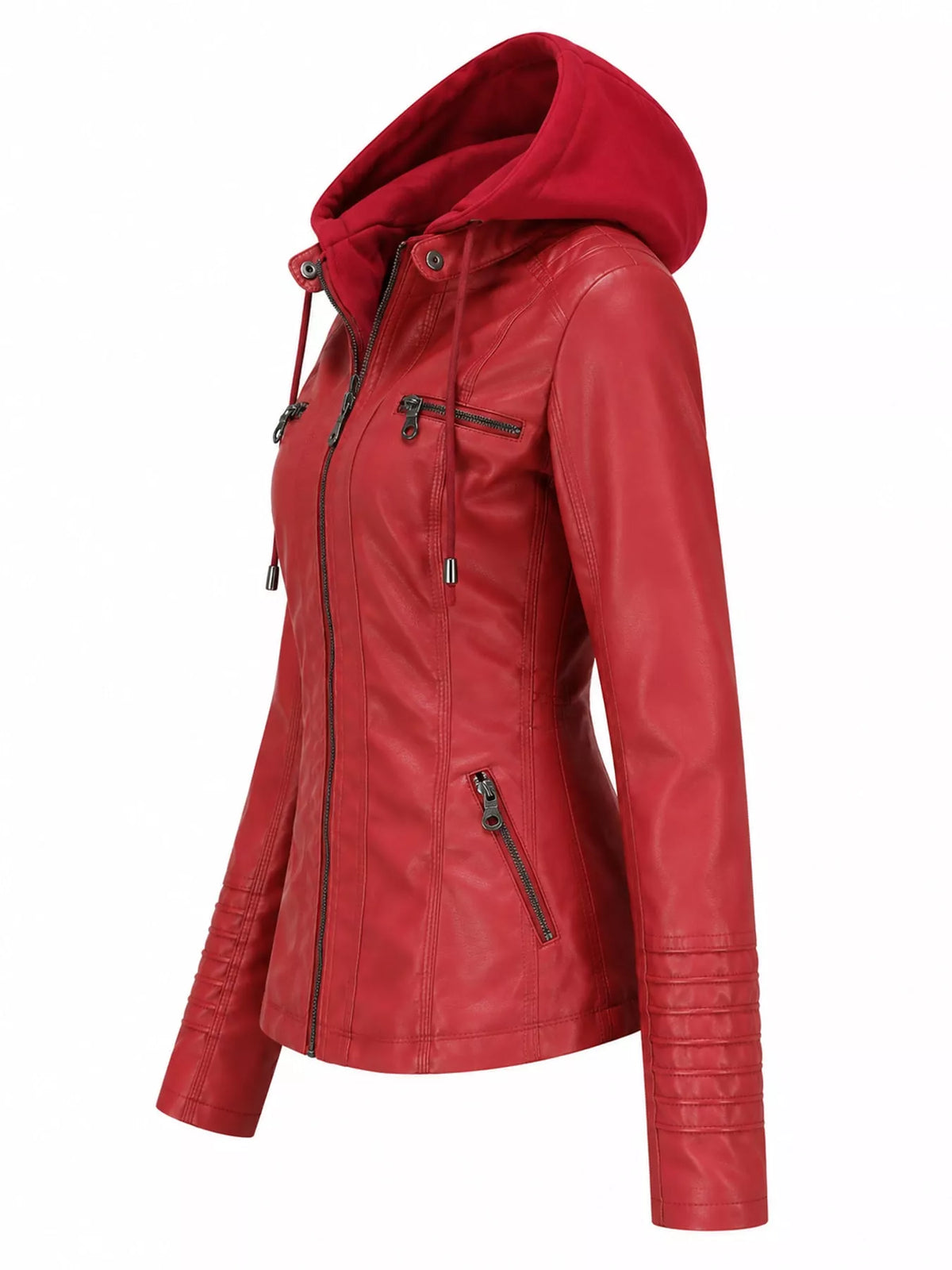 Full Size Detachable Hooded Faux Leather Moto Jacket Plus Size