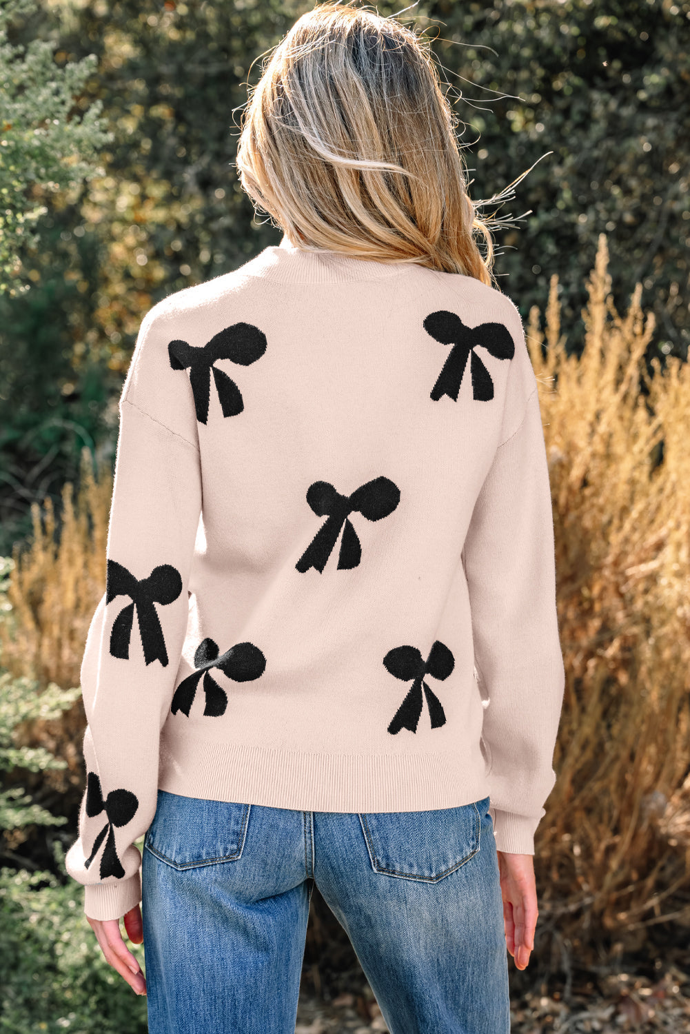 Smoke Gray Pearl Embellished Bow Pattern Loose Sweater