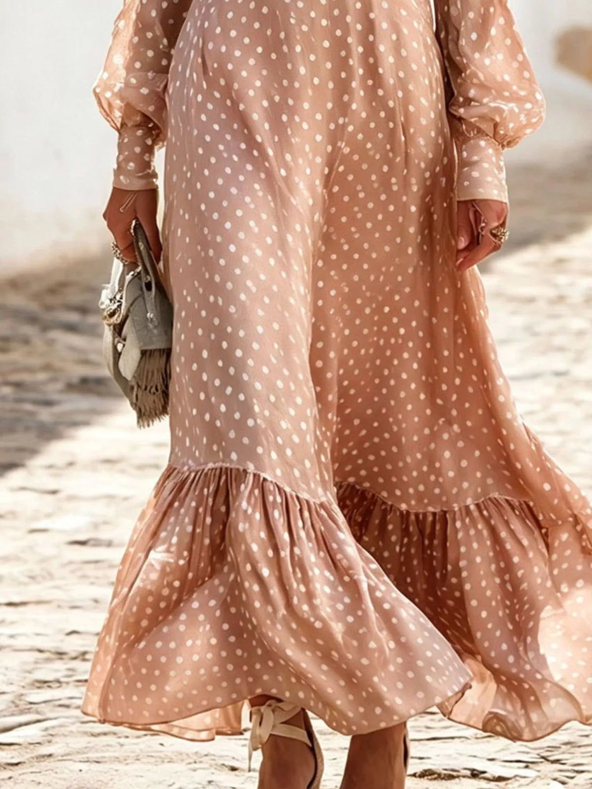 Full Size Polka Dot Ruffle V-Neck Maxi Dress Plus Size