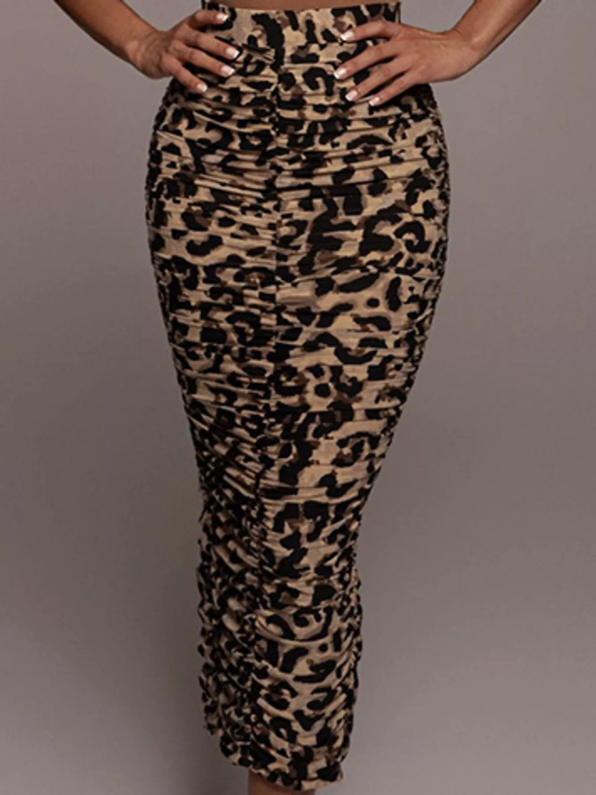 Ruched Leopard Print Slit Skirt