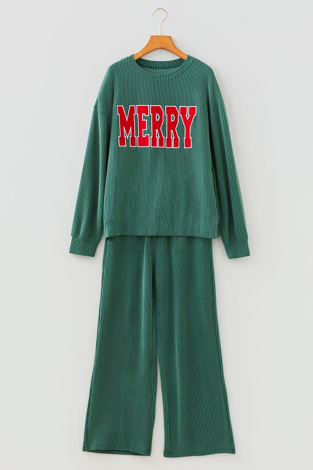 Christmas Letter Print Corded Knit Top & Pants Set