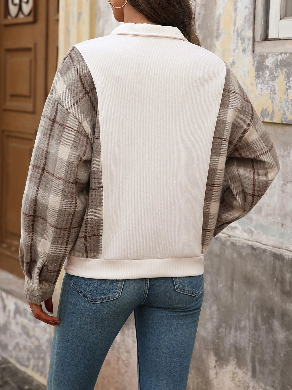 Snap-Down Plaid Long Sleeve Brushed Knit Top