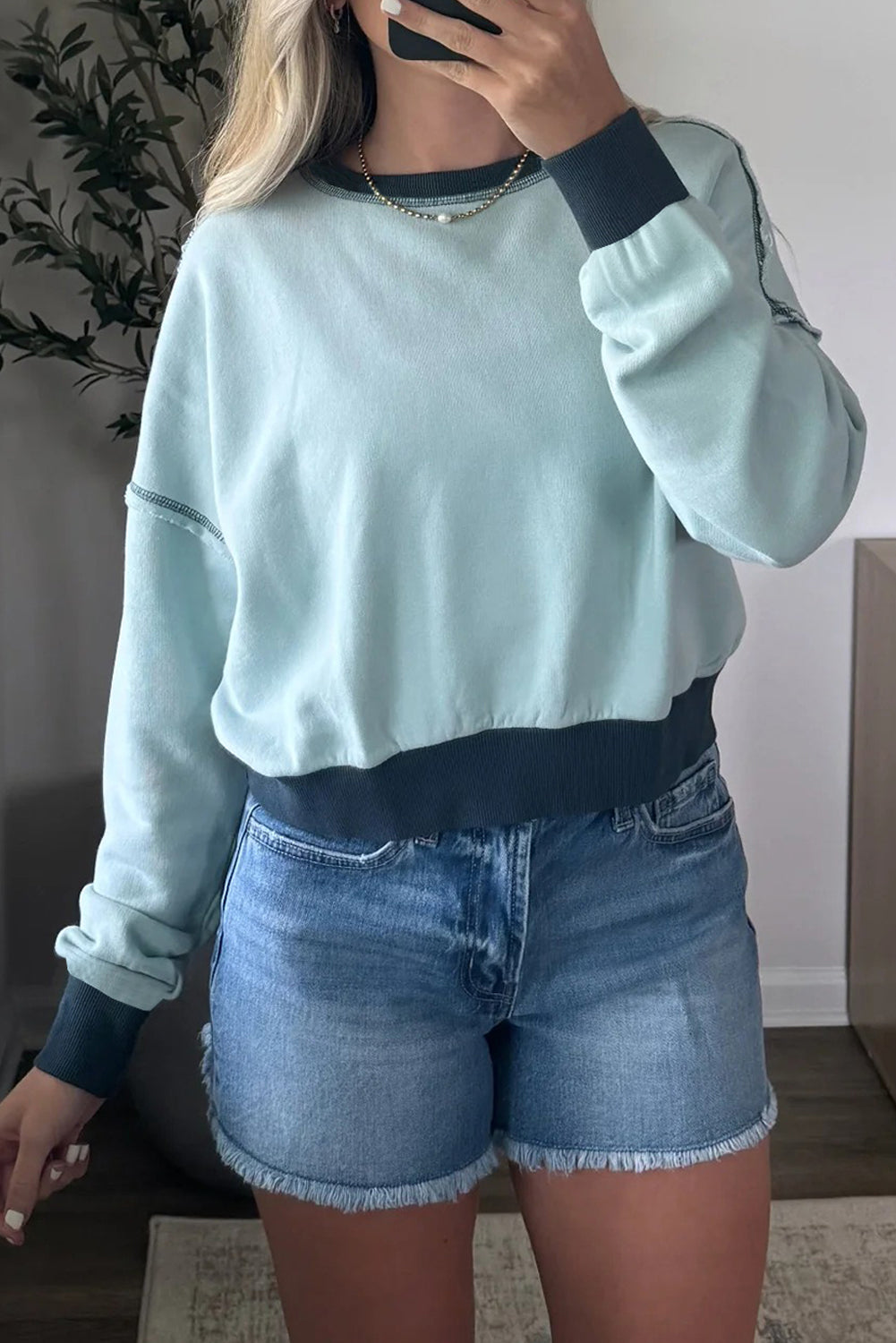 Iceland Blue Contrast Edge Colorblock Patchwork Crop Sweatshirt