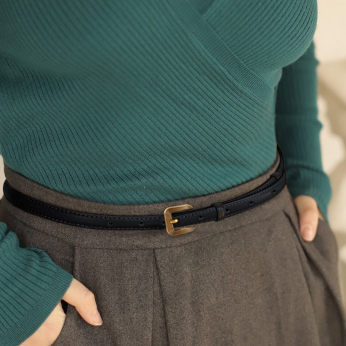 Leather Skinny Belt with Buckle