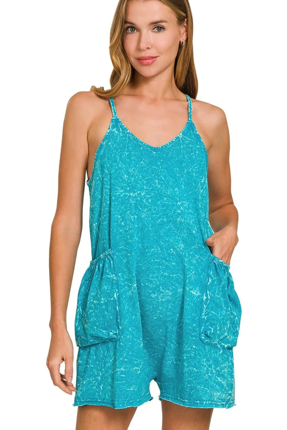Acid Wash Crinkle Cotton Spaghetti Strap Romper with Pockets