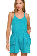 Acid Wash Crinkle Cotton Spaghetti Strap Romper with Pockets