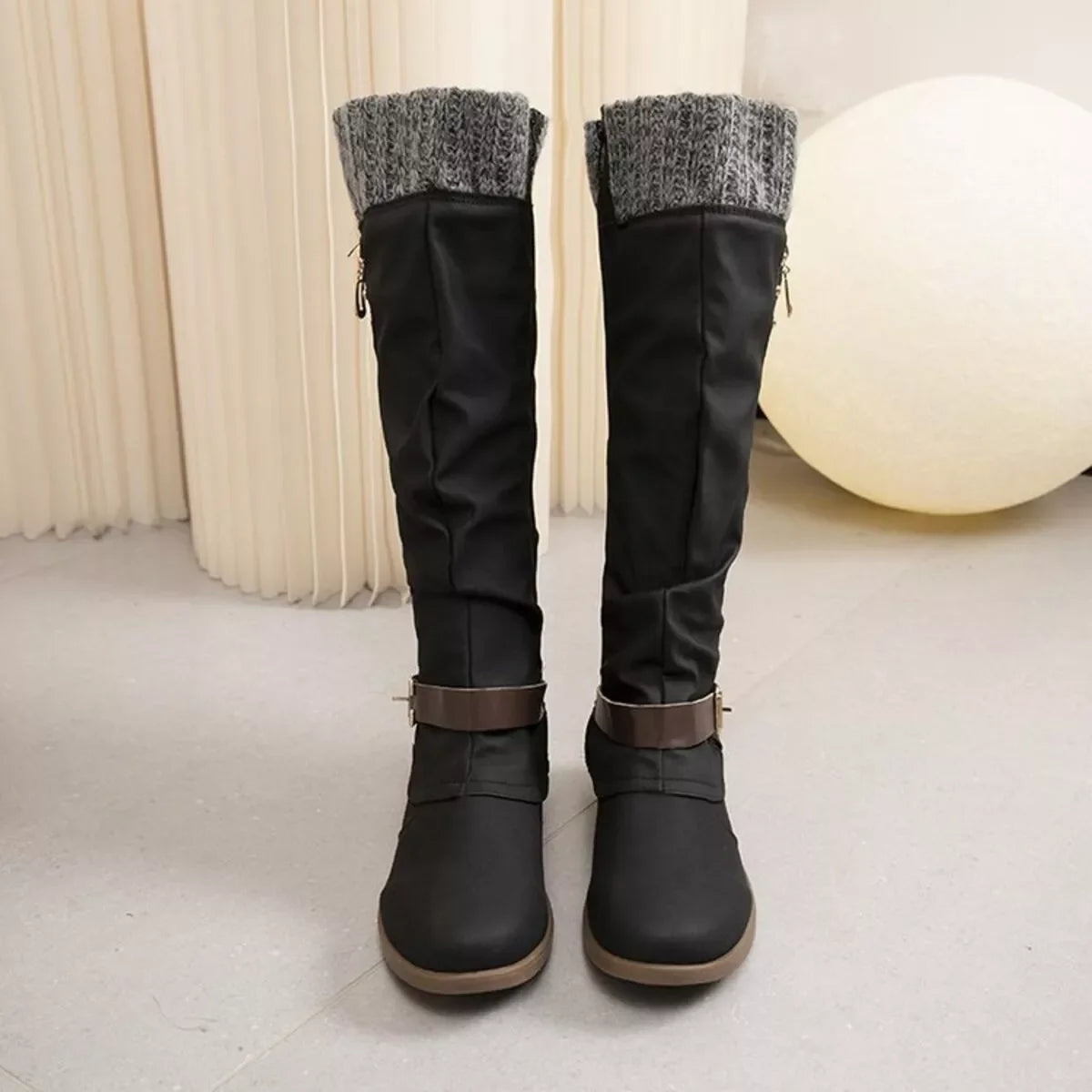 Knee High Slouch Boots with Knit Cuff