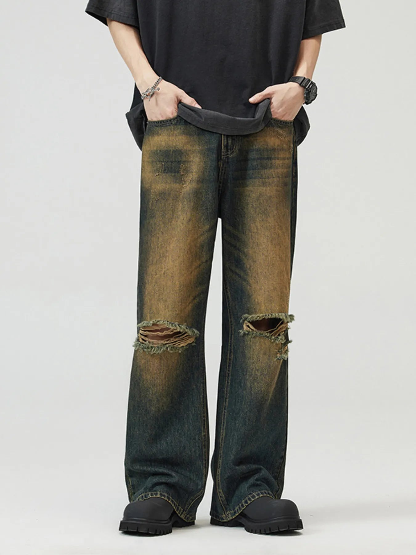 Men's Full Size Washed Distressed Wide Leg Jeans Plus Size