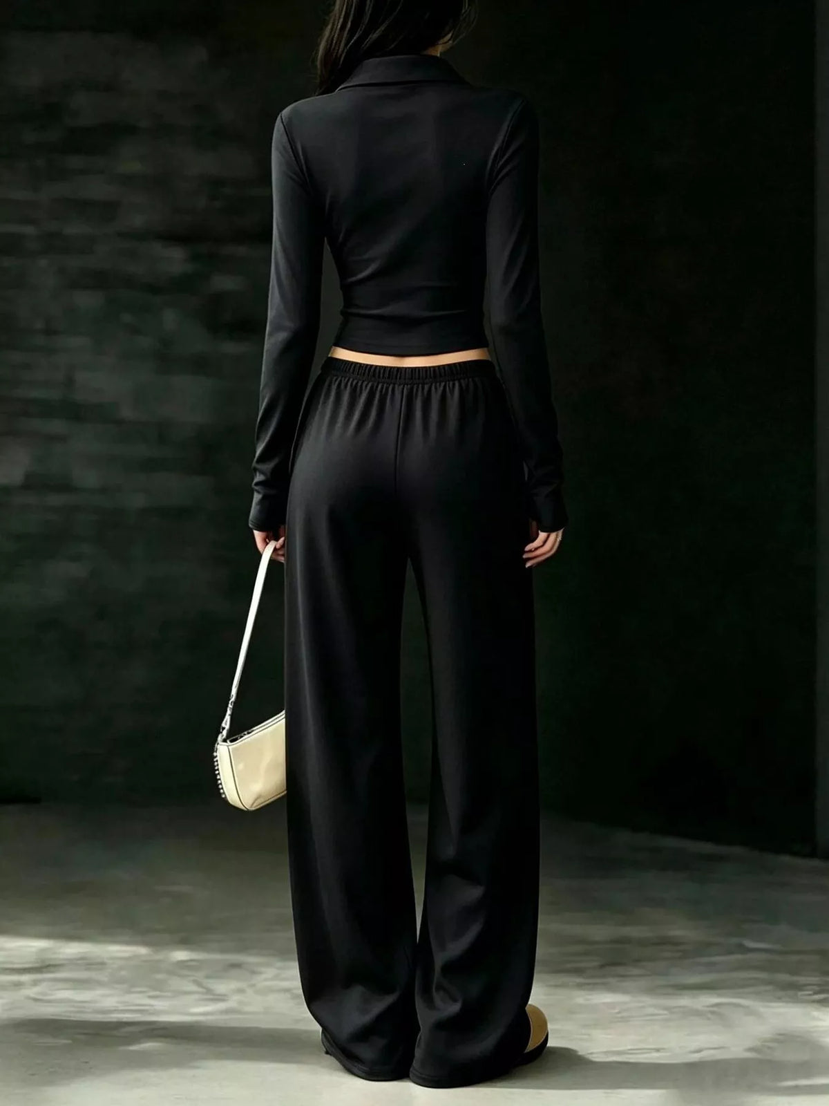 Long-Sleeve Polo Top and Wide-Leg Pants Set