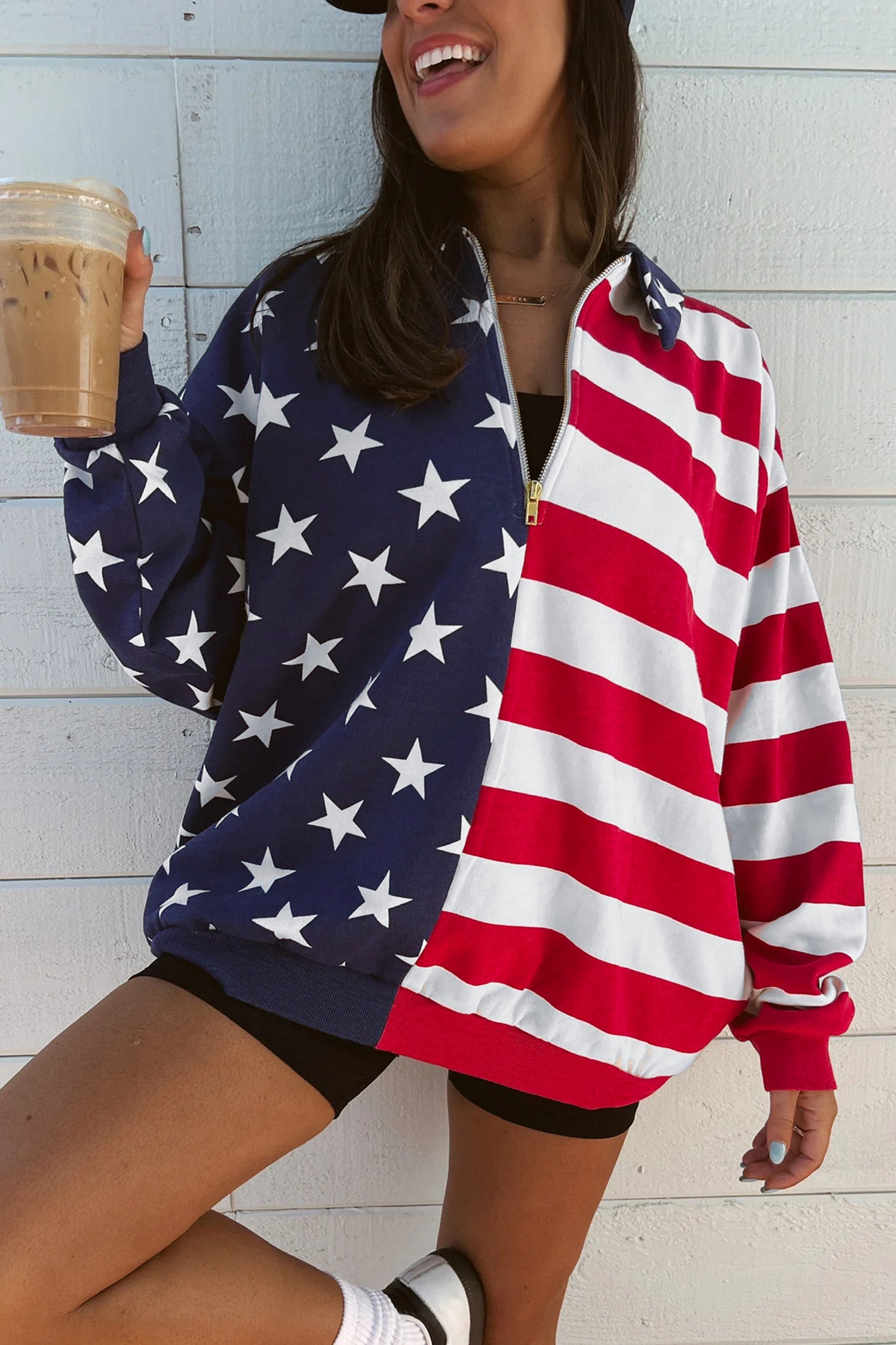 Multicolour Stars Stripes American Flag Zipped Collar Oversized Sweatshirt