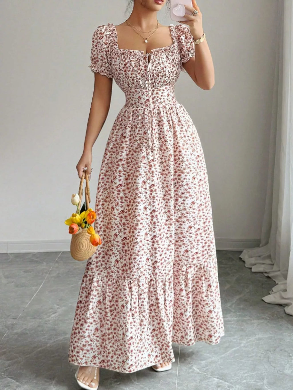 Floral Print Puff Sleeve Maxi Dress