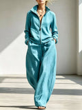 Full Size Zip-Up Jacket and Wide-Leg Pants Set Plus Size