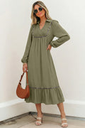 Four Leaf Clover Collared V Neck Smocked Detail Contrast Leopard Trim Bracelet Sleeve Long Dress
