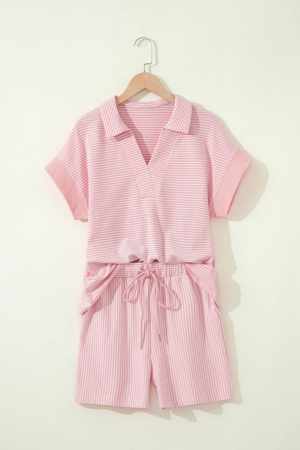 Pink Stripe Dolman Sleeve Polo Shirt and Drawstring Shorts Set