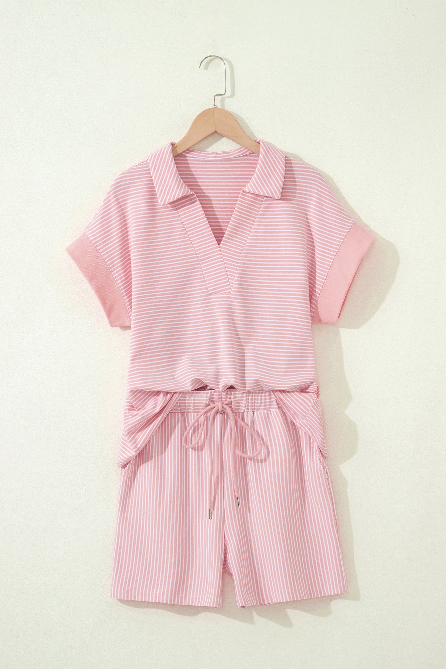 Pink Stripe Dolman Sleeve Polo Shirt and Drawstring Shorts Set