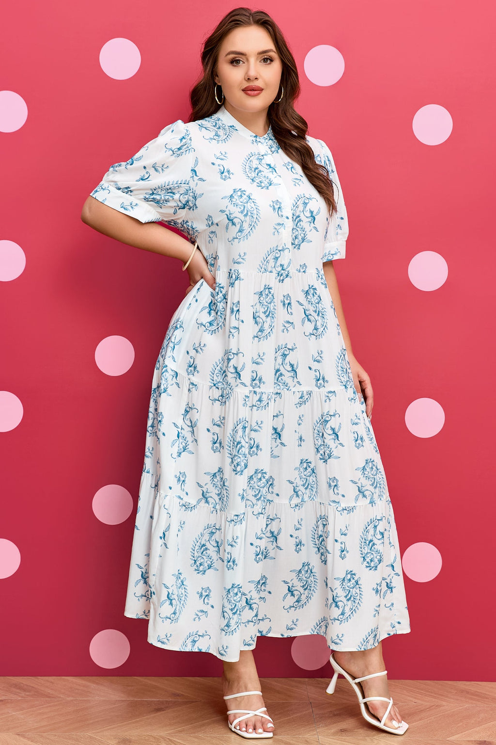 Sky Blue Plus Size Geometric Floral Print Button Split Neck Short Sleeve Maxi Dress