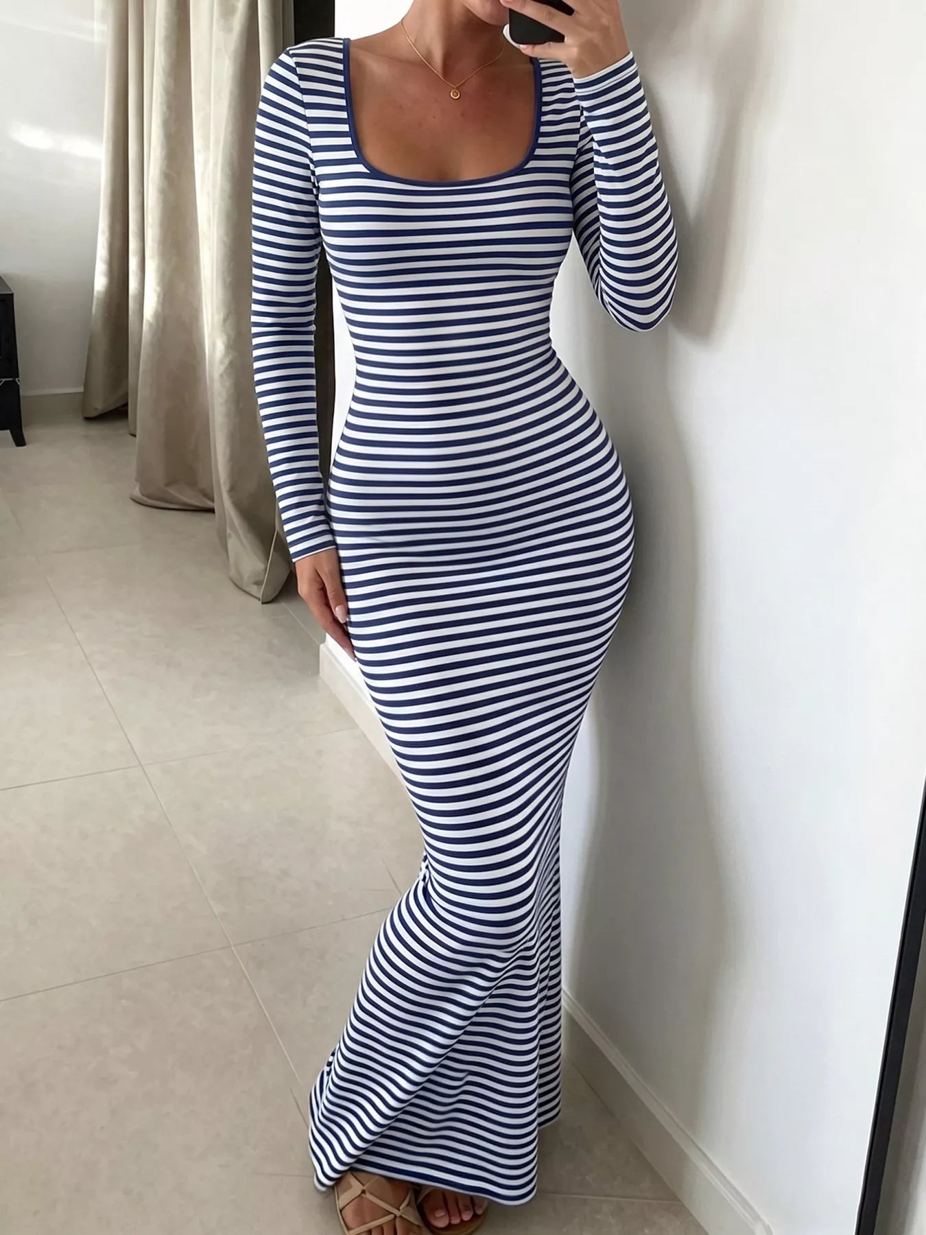 Striped Long Sleeve Square Neck Maxi Dress