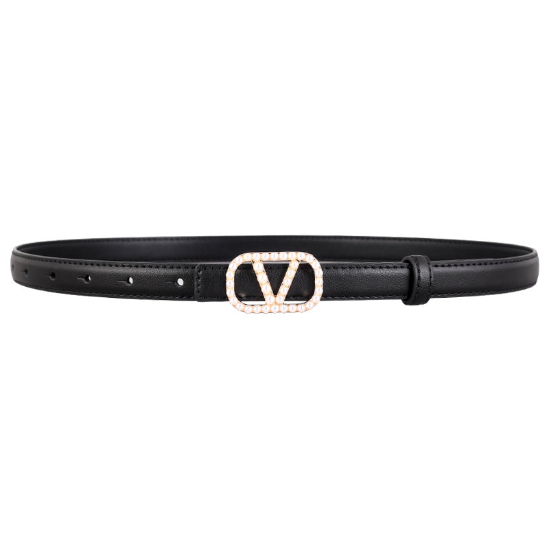 Pearl Buckle Leather Belt
