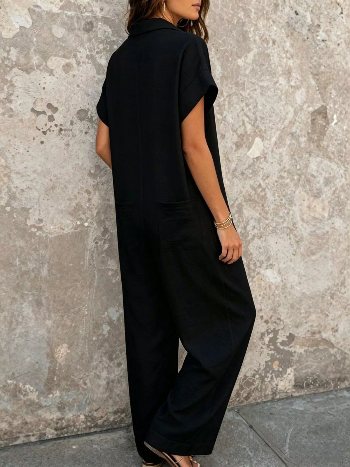 Button Front Short Sleeve Jumpsuit