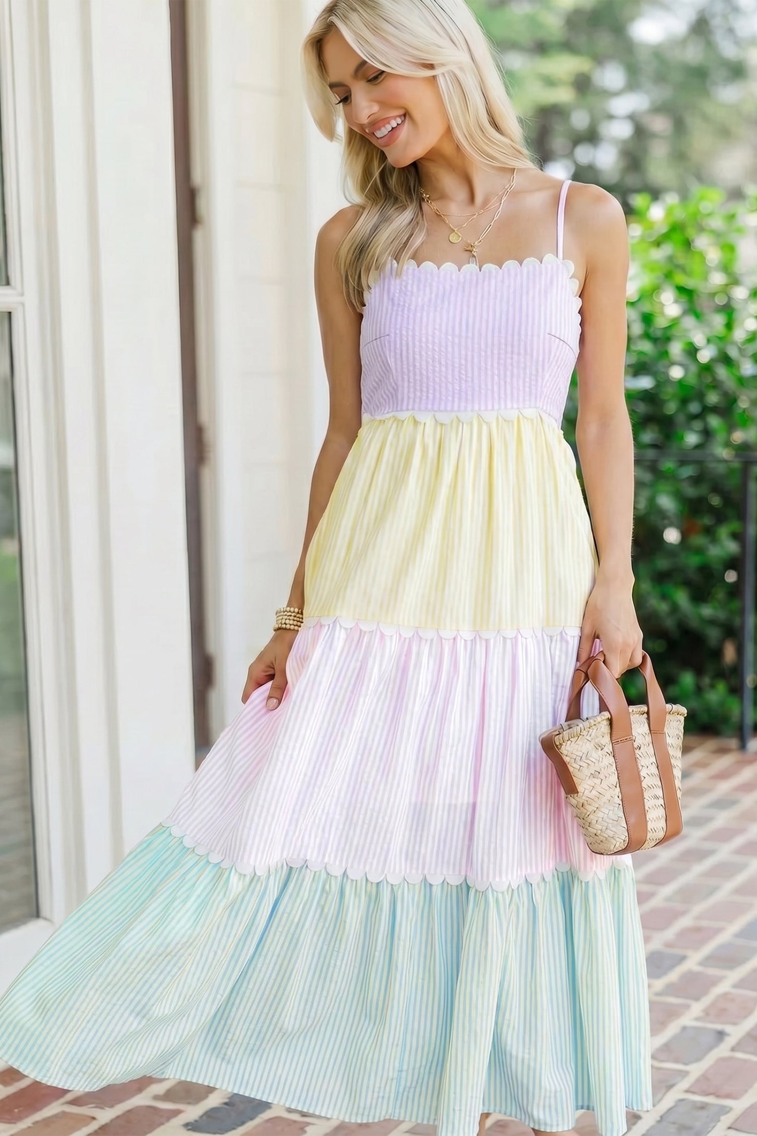 Multicolour Striped Colorblock Adjustable Strap Scalloped Detail Long Dress