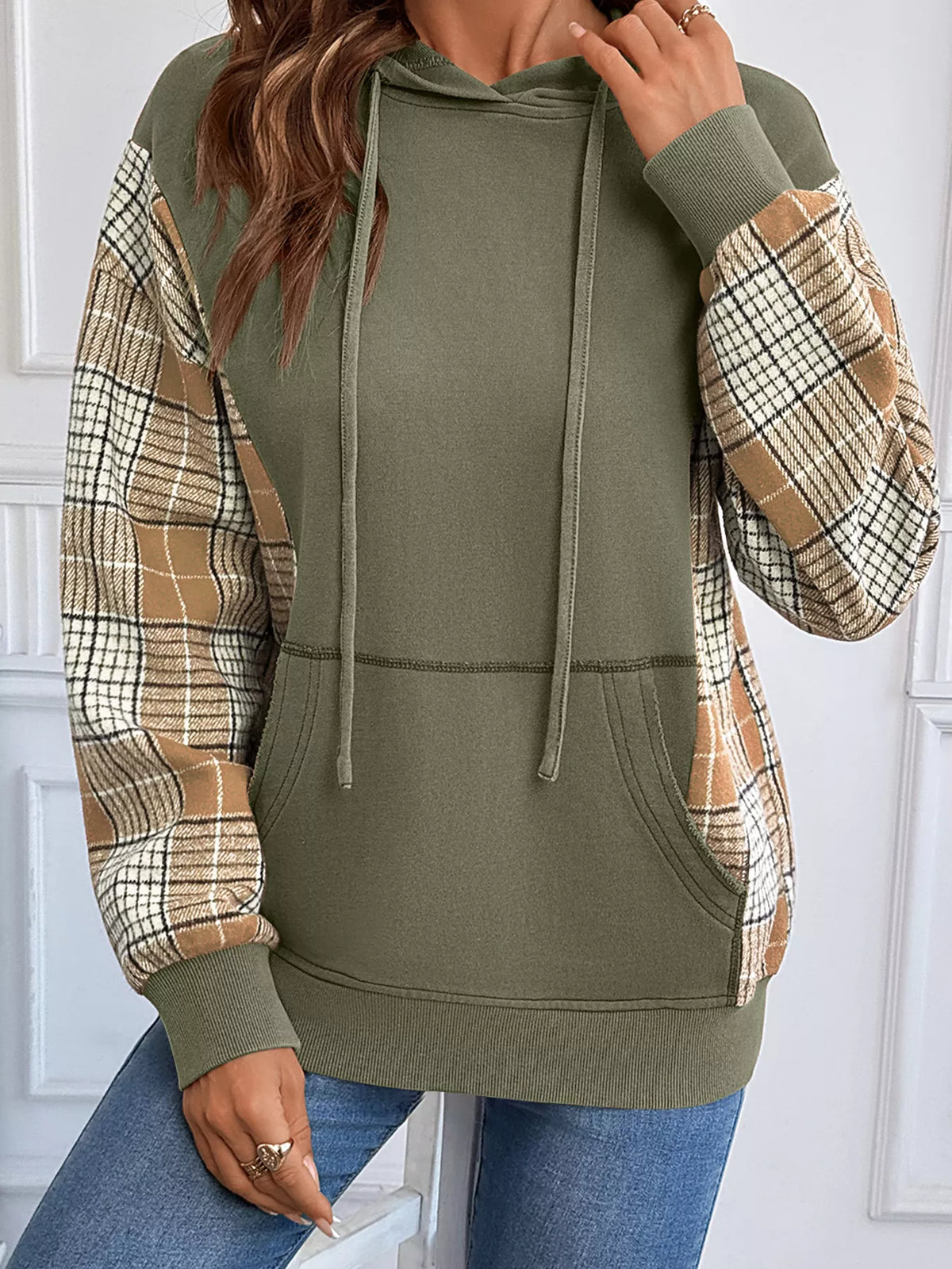 Plaid Sleeve Drawstring Pocket Hoodie