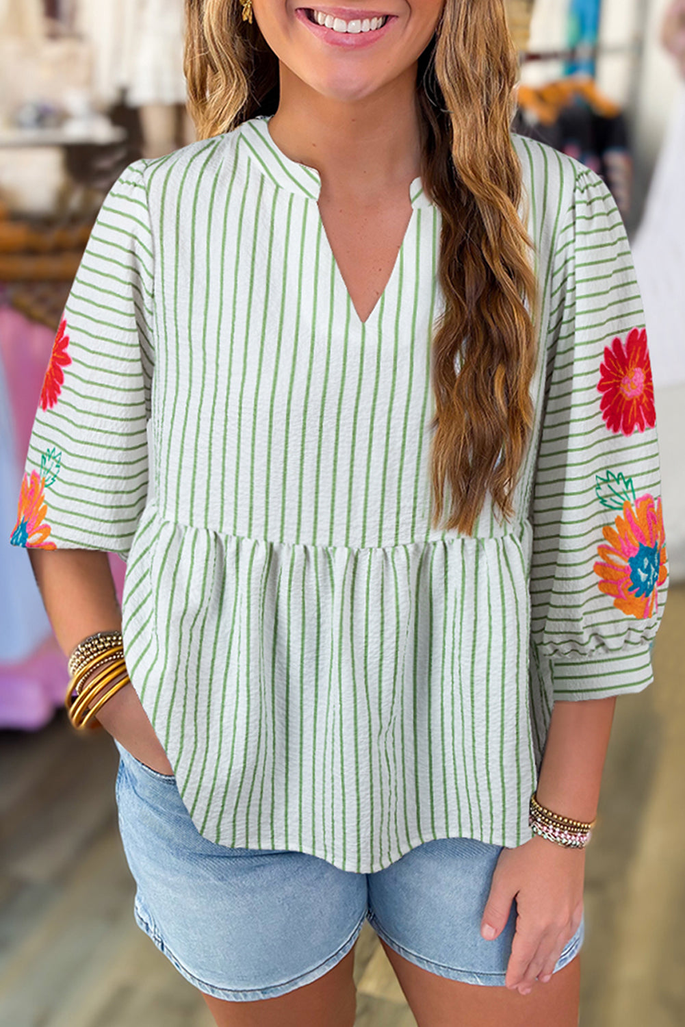 Green Stripe Flower Puff Sleeve Notched V Neck Babydoll Blouse