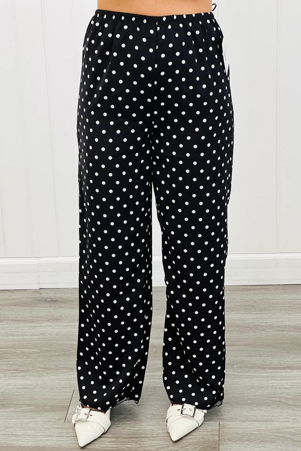 Black Polka Dot Print Elastic Waist Lace Hem Loose Pants