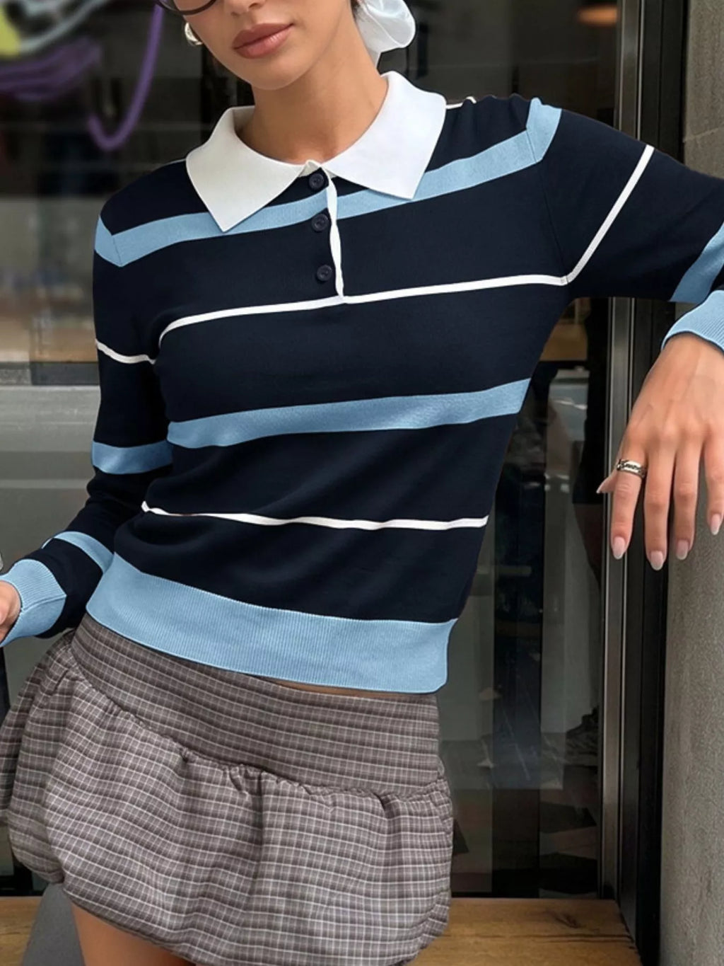 Striped Polo Collar Sweater