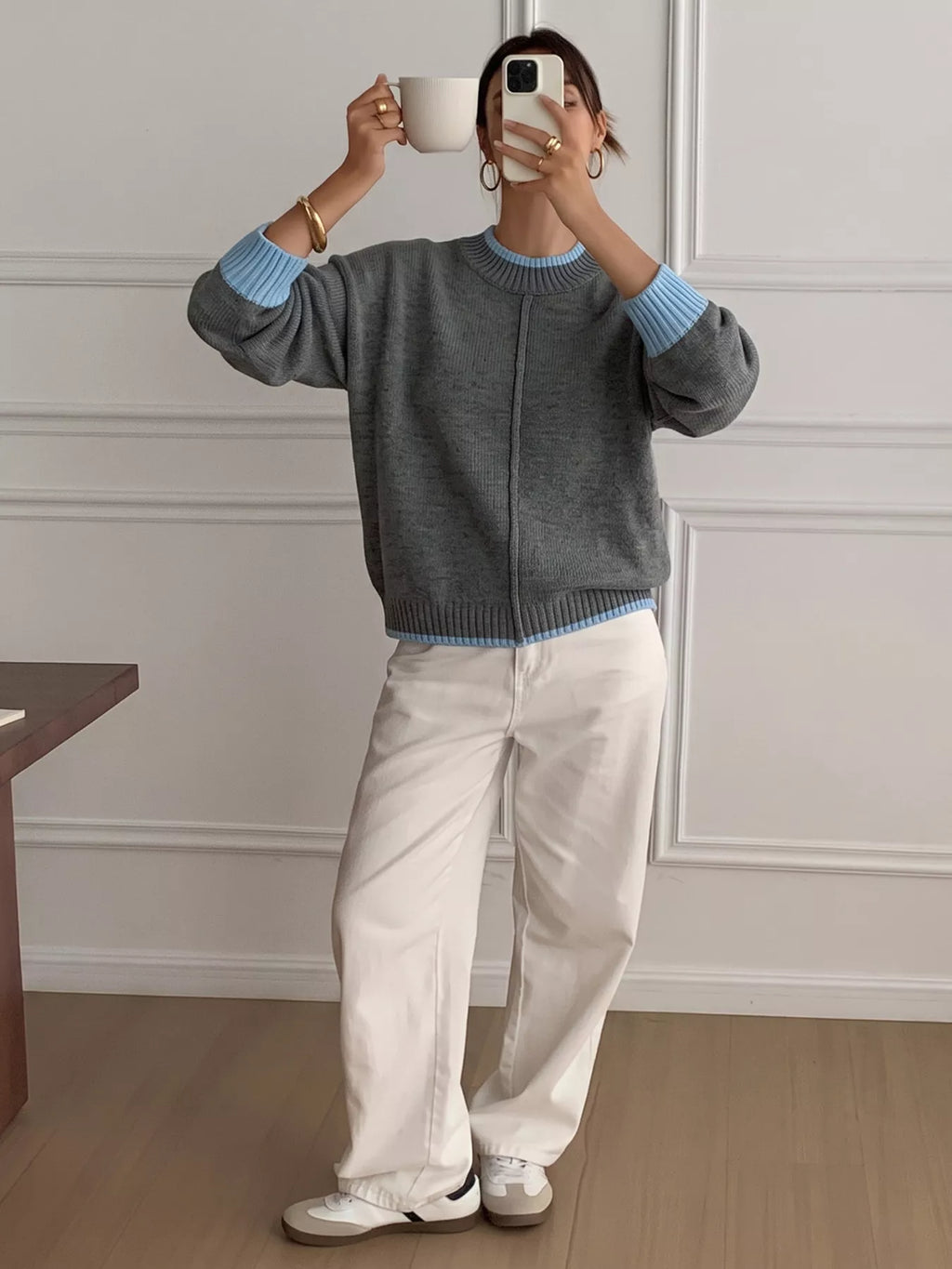 Contrast Trim Crew Neck Sweater