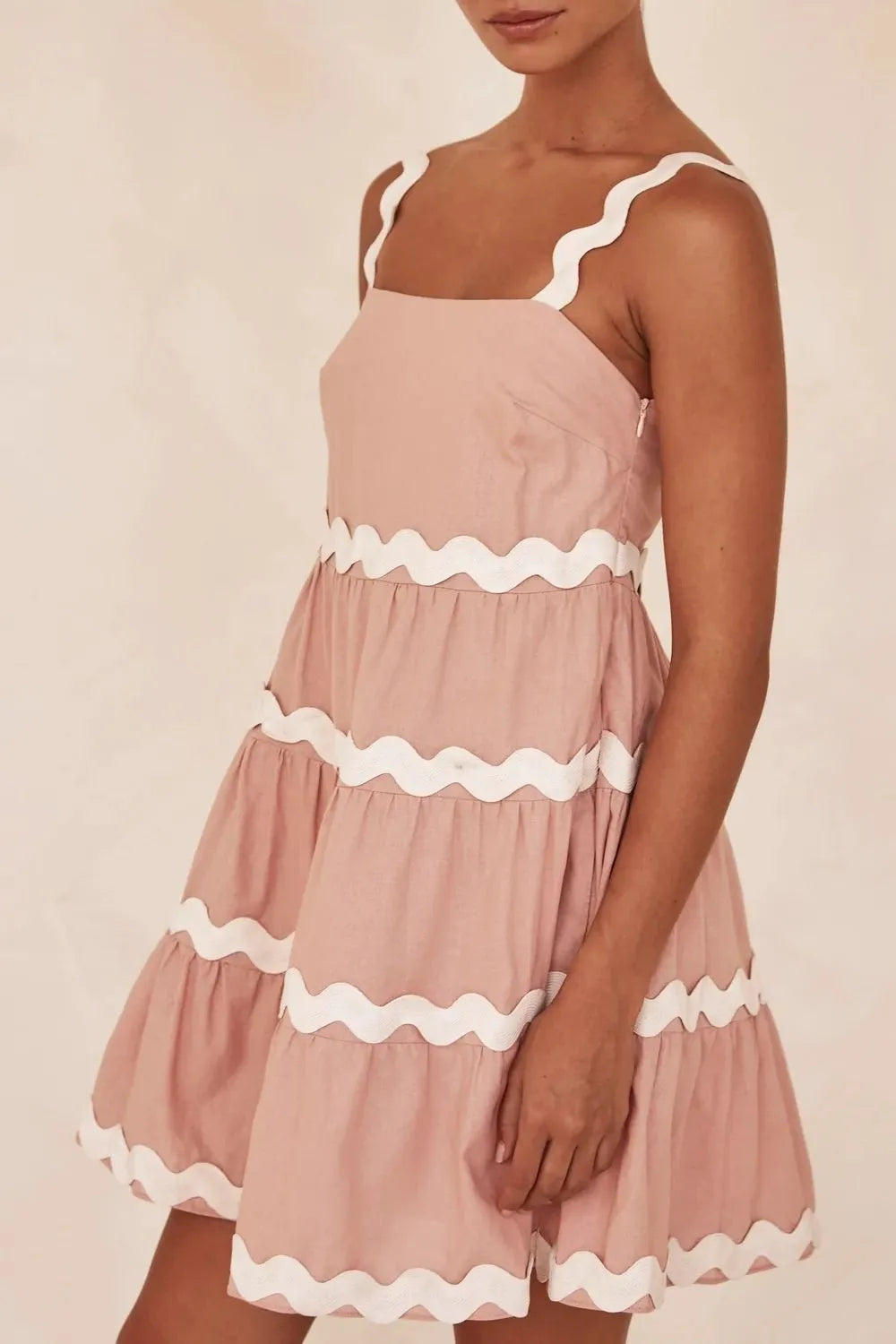 Contrast Trim Square Neck Tiered Dress