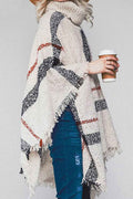 Plaid Turtleneck Raw Hem Poncho with Fringe