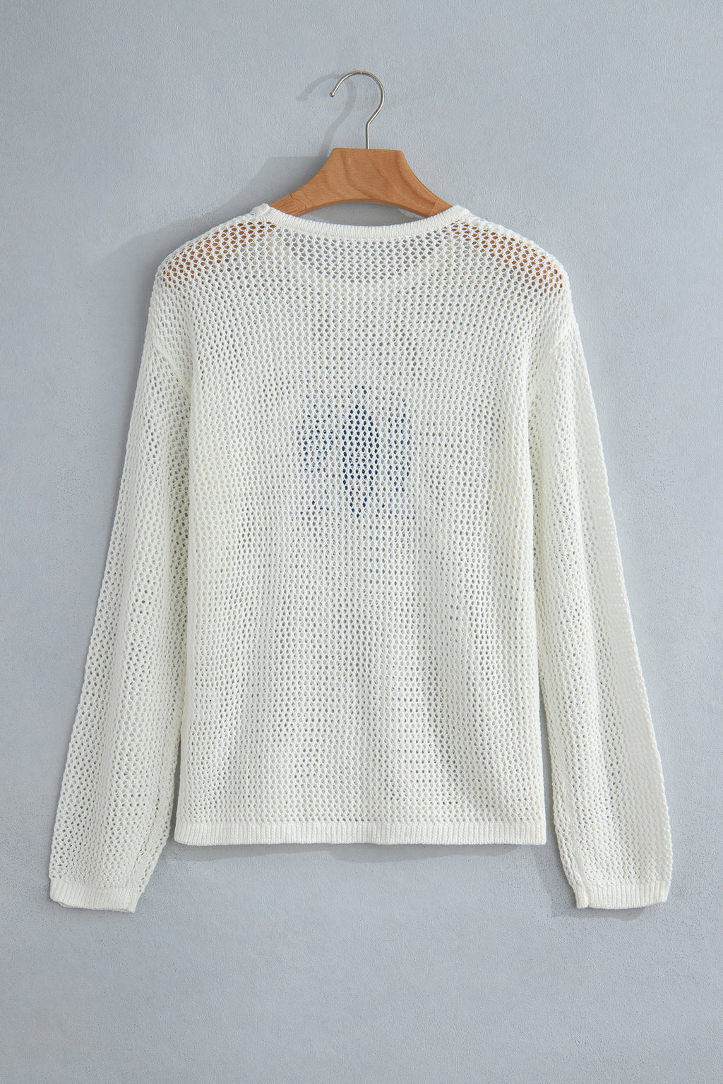 White Open Knit Fish Embroidered Casual Sweater