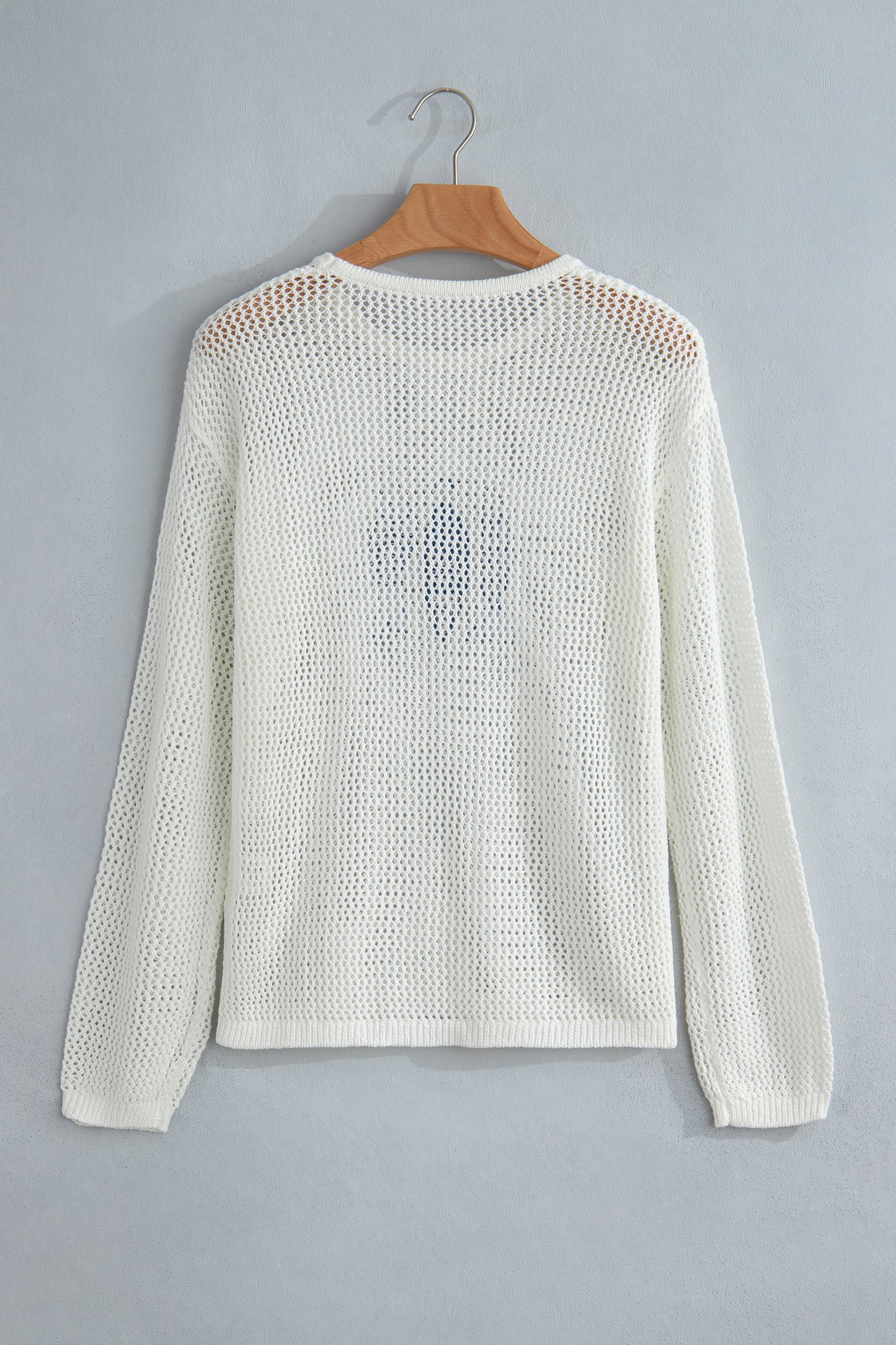 White Open Knit Fish Embroidered Casual Sweater