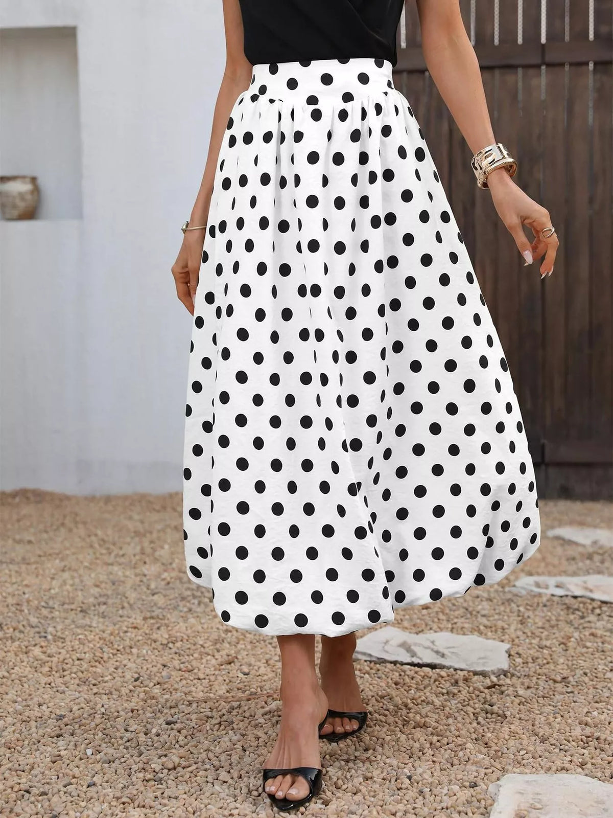 High-Waisted Polka Dot A-Line Midi Skirt