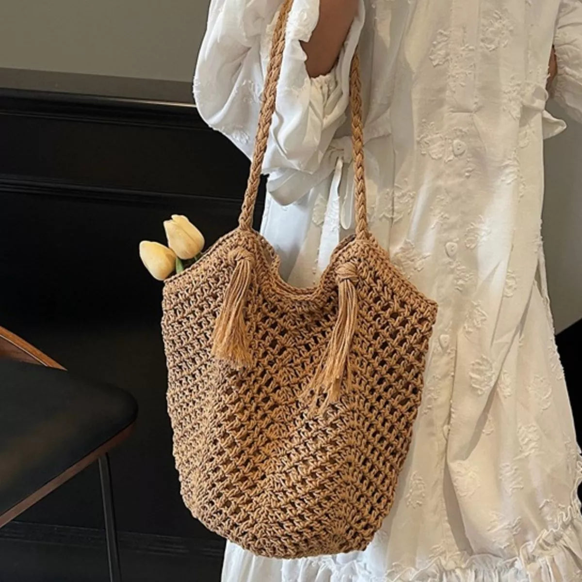 Crochet Shoulder Bag with Tassel Accents