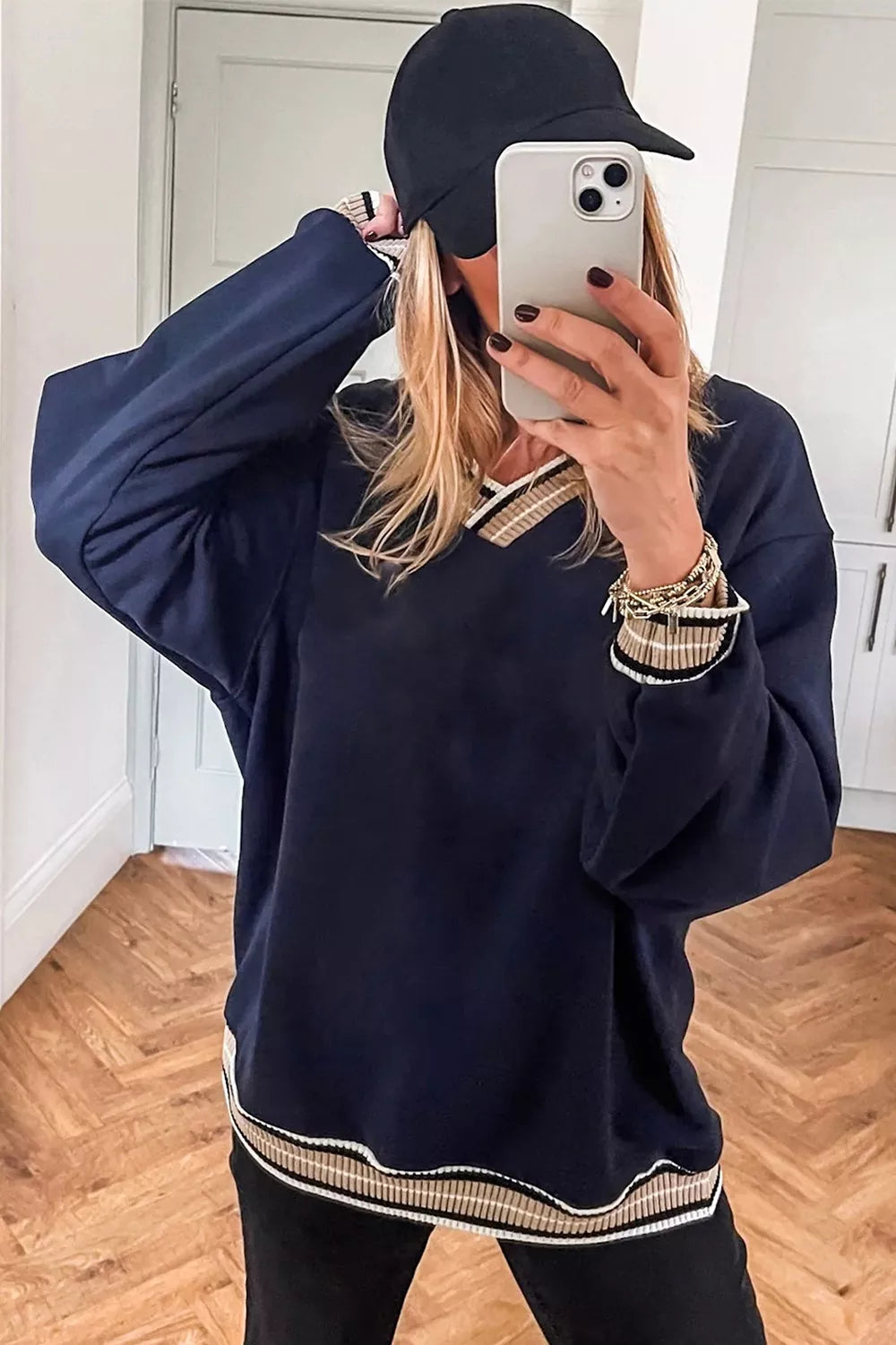 Contrast Striped Trim V Neck Sweatshirt