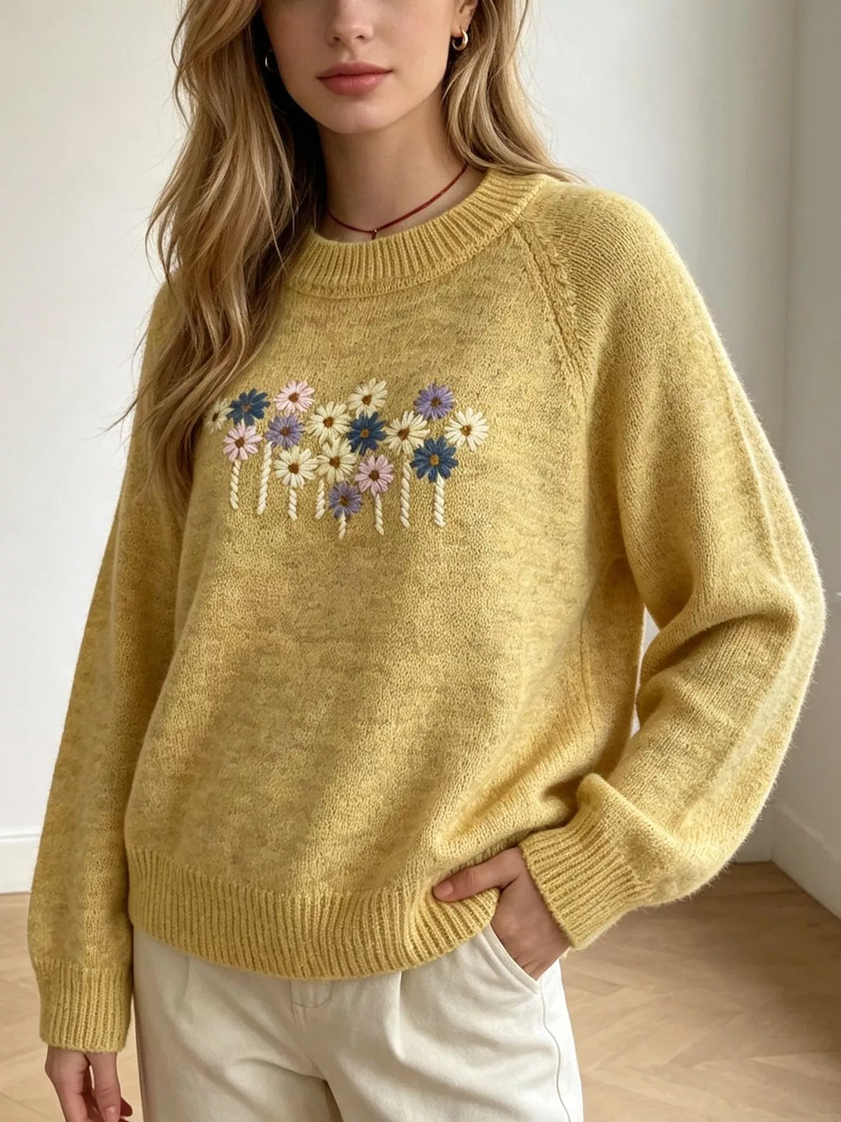 Floral Embroidered Round Neck Sweater