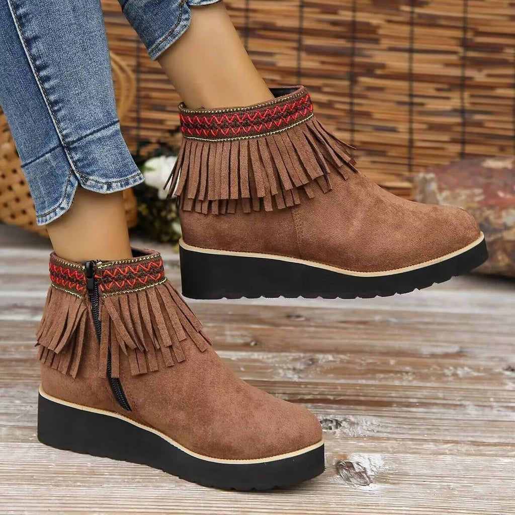 Fringe Round Toe Ankle Boots
