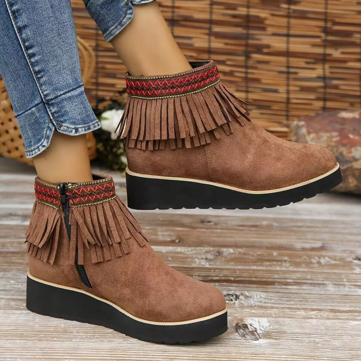 Fringe Round Toe Ankle Boots