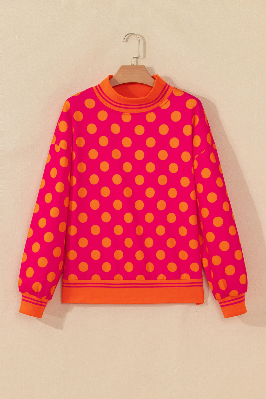 Polka Dot Stripe Trim Mock Neck Sweatshirt