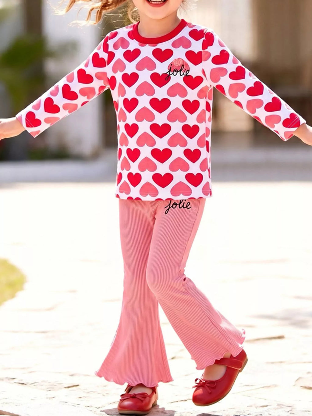 Children's Heart Print Long Sleeve Top and Flared Pants Set