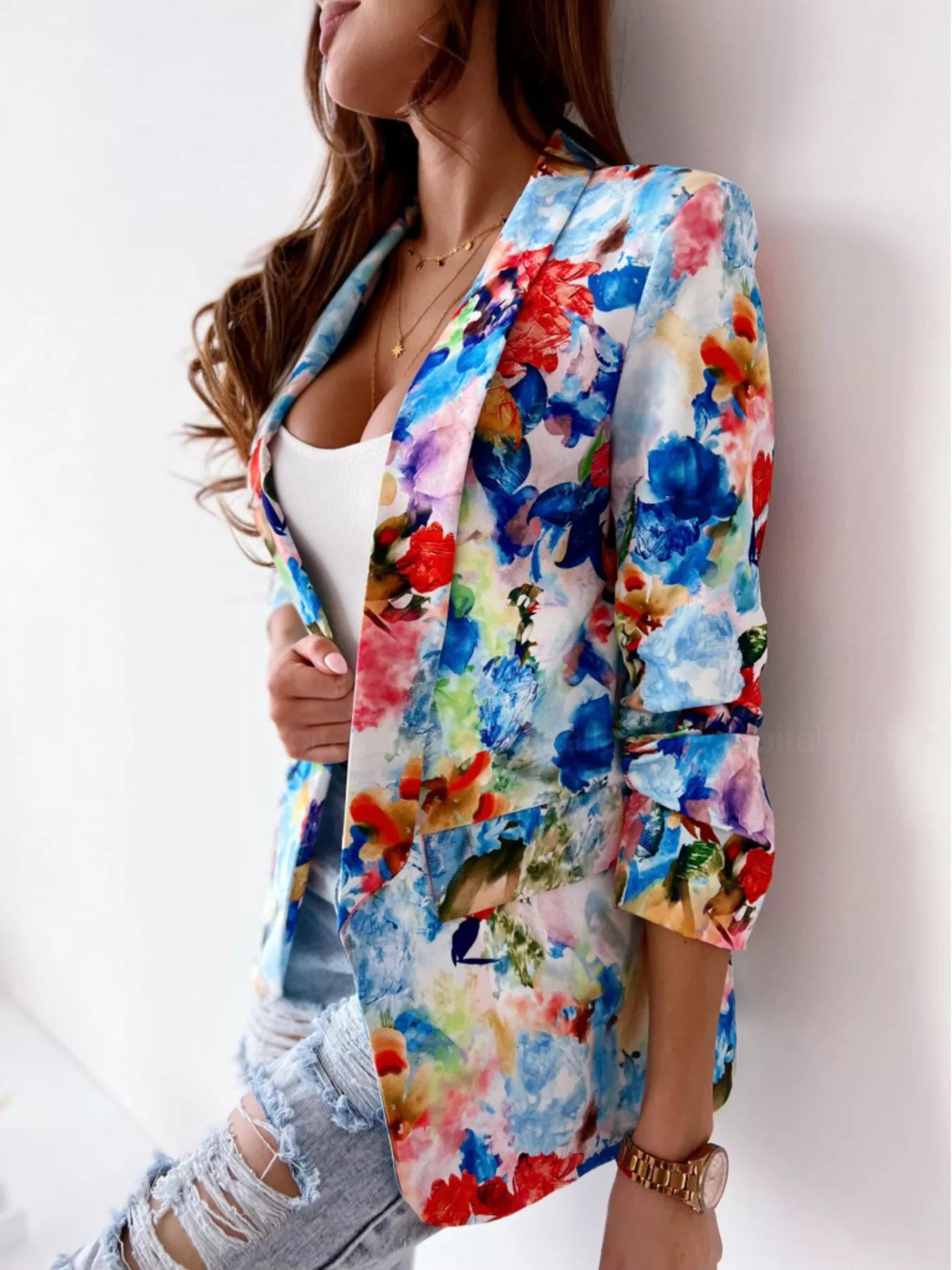 Vibrant Floral Print Open Front Blazer