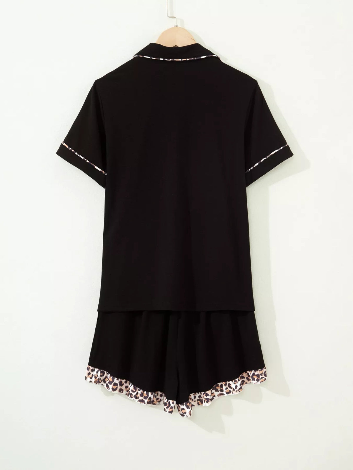 k Leopard Patchwork Trim Lapel Shirt Drawstring Shorts 2pcs Pajama Set