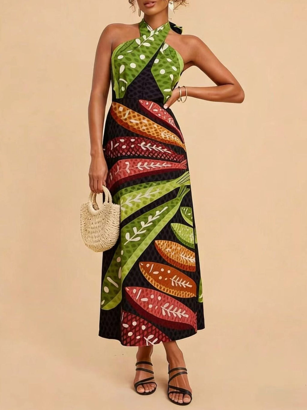 Tropical Print Halter Neck Midi Dress