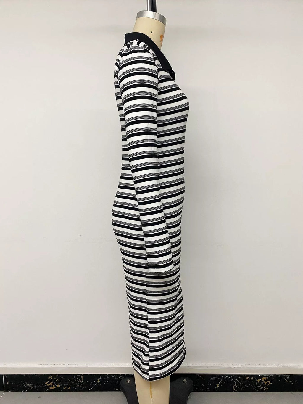 Striped Polo Collar Midi Dress